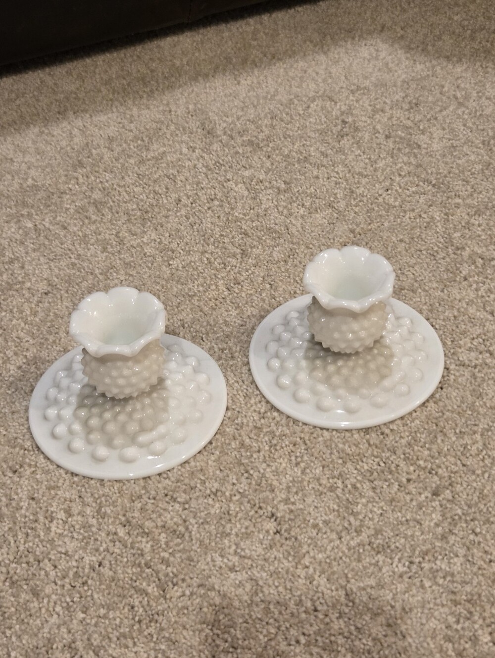 Vintage Hobnail Milk Glass Candle Holders - White (Pair)